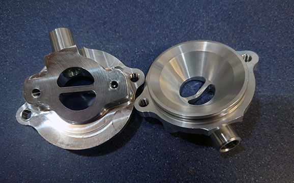 This picture shows off our Kawasaki Z1300 Water Pump Housing, fully machined from extruded aluminium which is much stronger than the origina cast part.